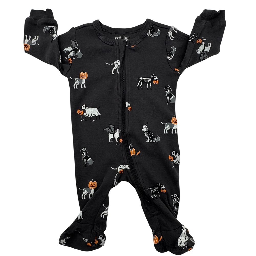 Petit Lem Organic Cotton Sleeper Halloween Dog Baby Newborn Grey Happy Nightmare